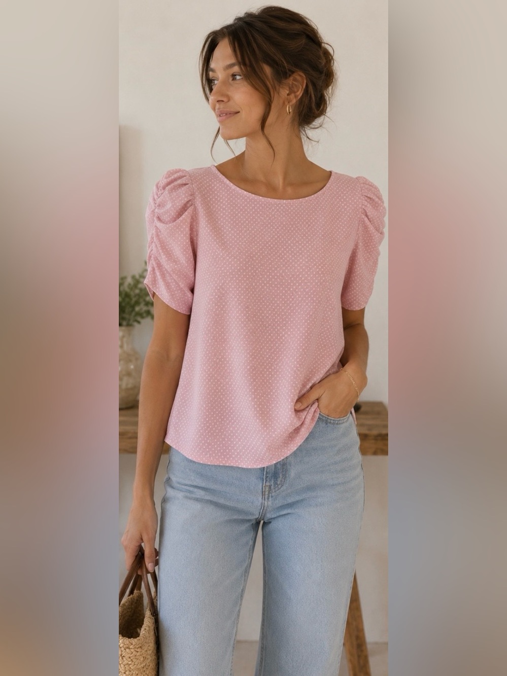 Blush Pink Puff Sleeve Dot Blouse
